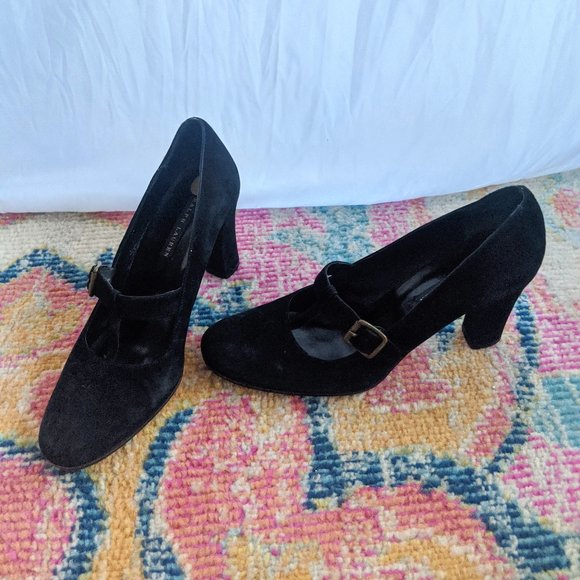 Ralph Lauren Blue Label Italy Black Suede T- strap Pump Block Heel -7B Used